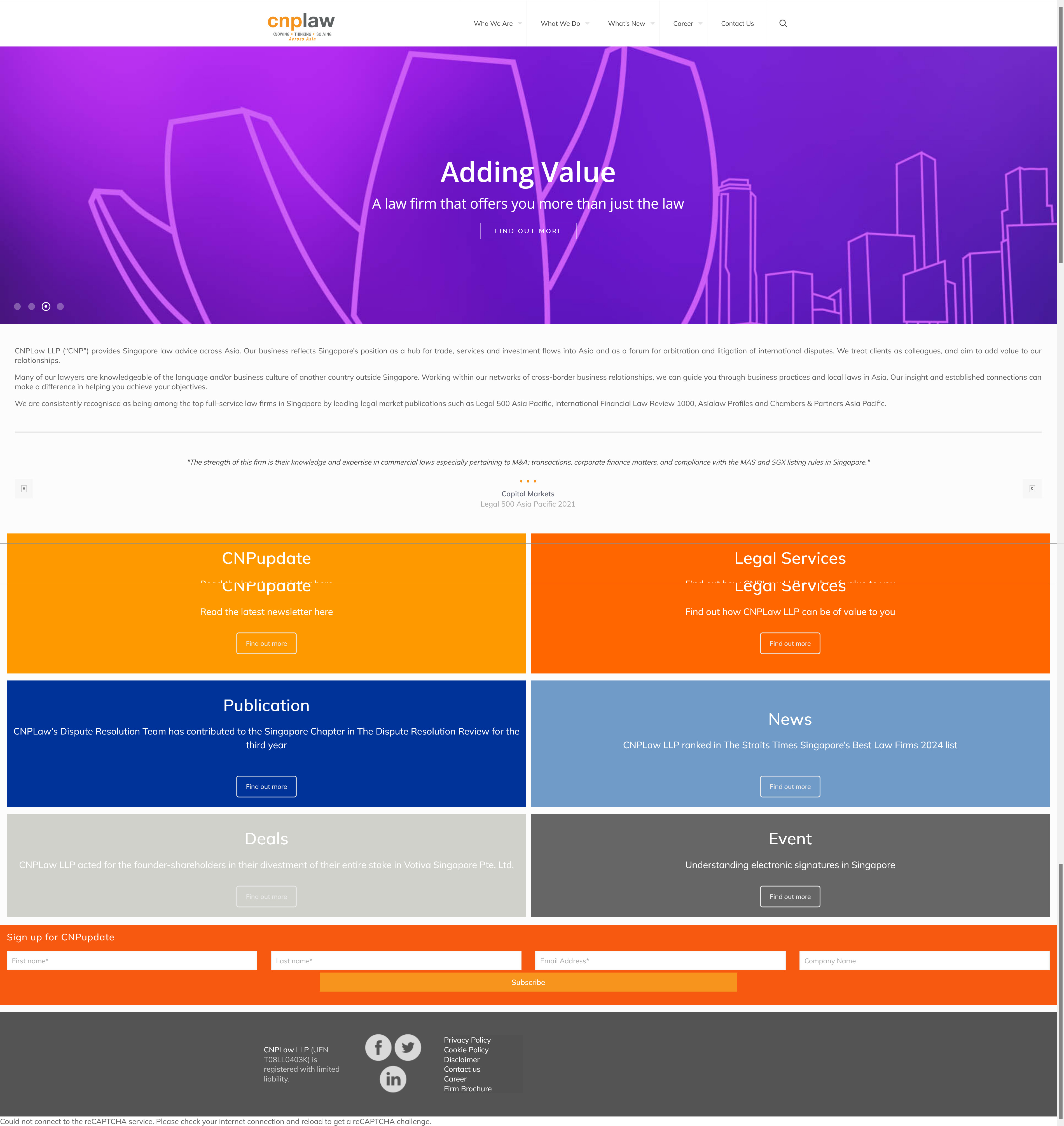CNPLaw old homepage with dated layout and Adding Value hero