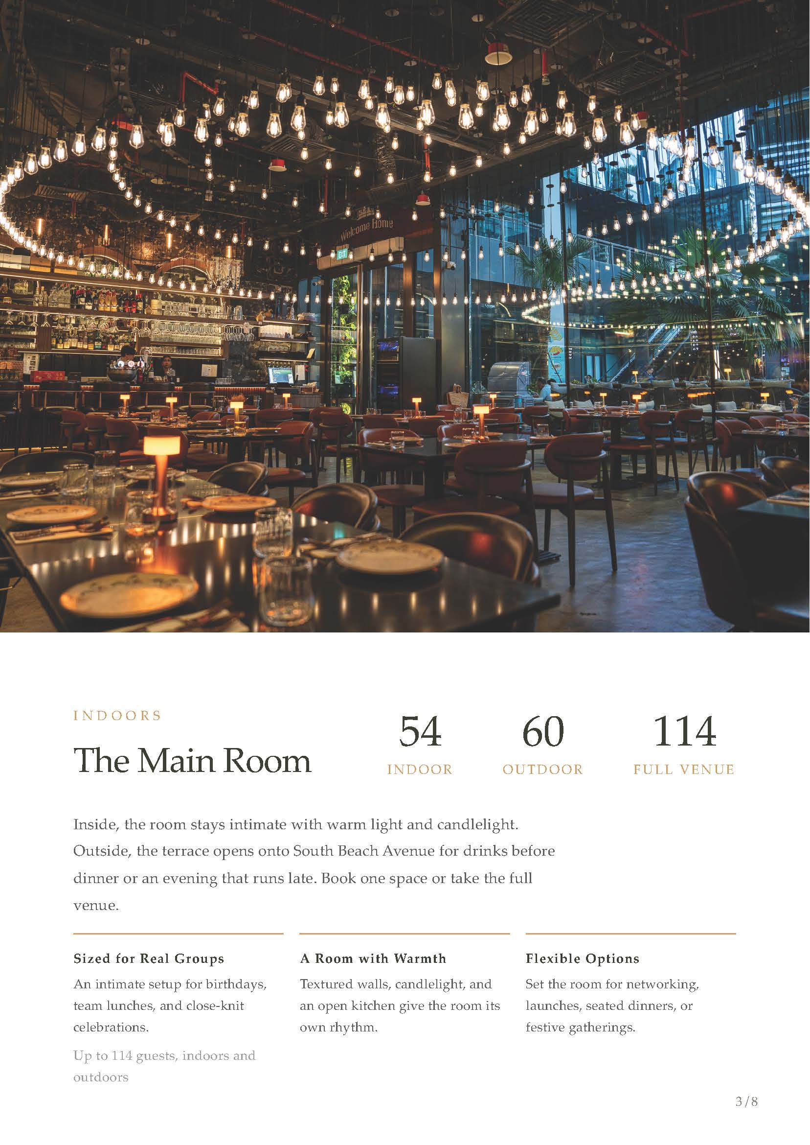 Pera corporate brochure showing the main dining room and venue capacities