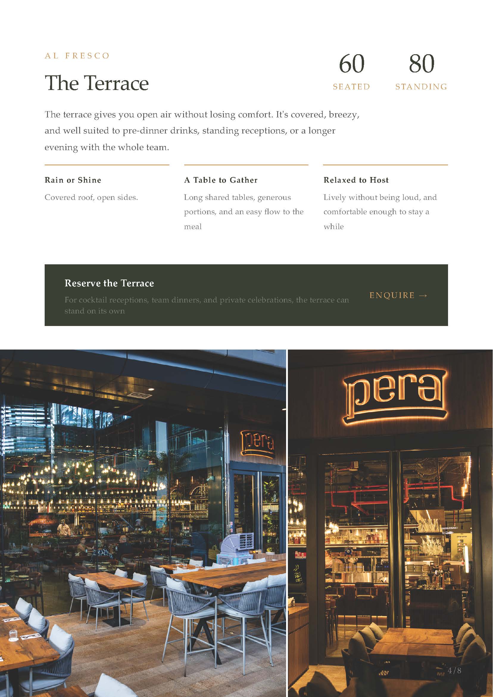 Pera corporate brochure presenting the outdoor terrace and event capacities