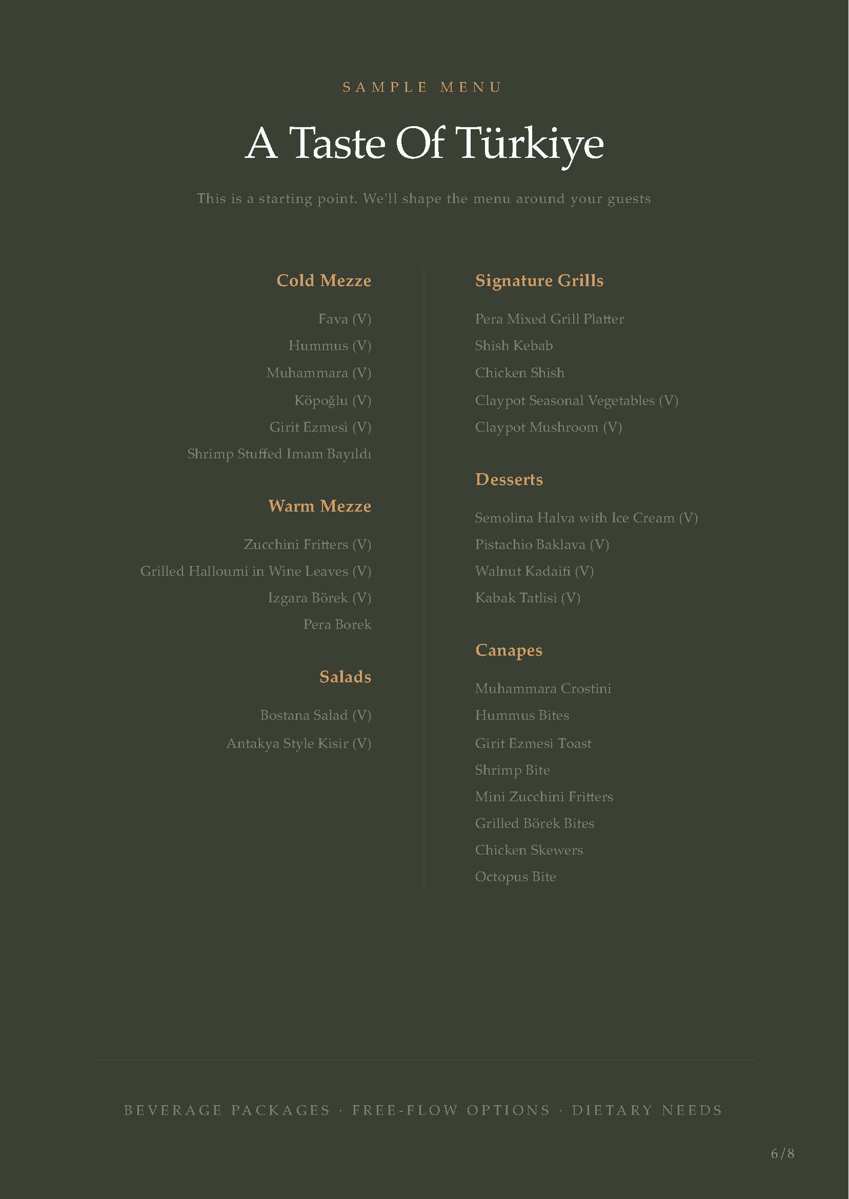 Pera corporate brochure presenting a sample Turkish event menu