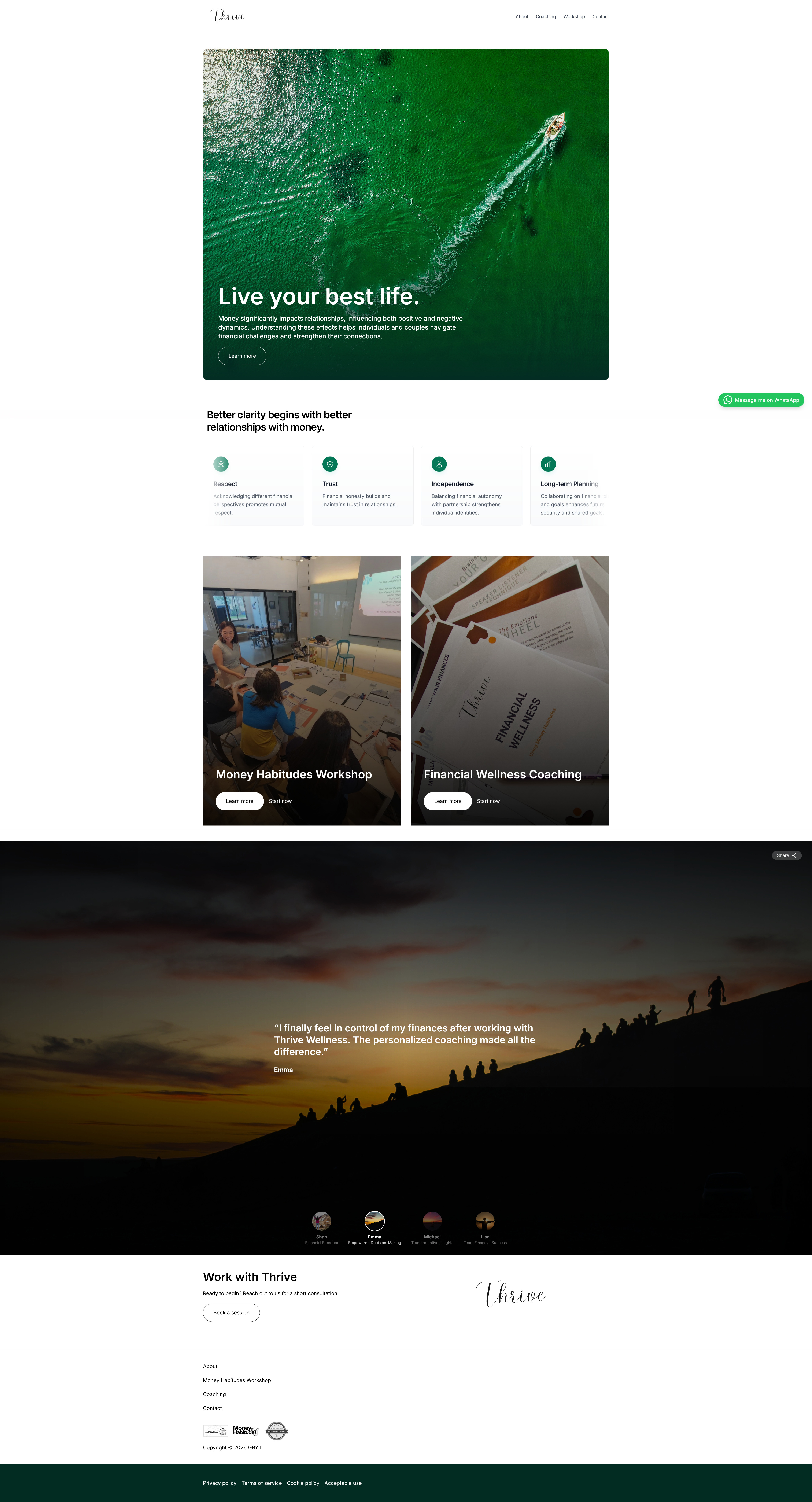 Thrive Wellness home page with a green ocean hero, relationship pillars, service cards, and testimonial section
